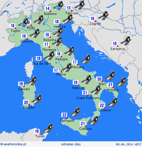 condições meteorológicas na estrada Itália Europa mapas de previsão