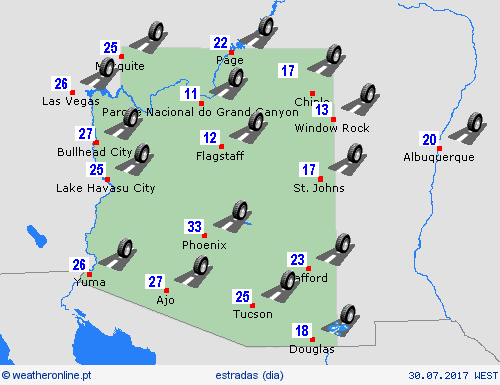 condições meteorológicas na estrada Arizona América do Norte mapas de previsão