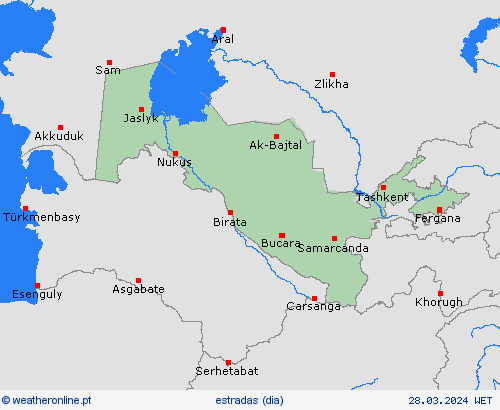 condições meteorológicas na estrada Uzbequistão Ásia mapas de previsão