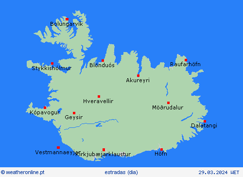 condições meteorológicas na estrada Islândia Europa mapas de previsão