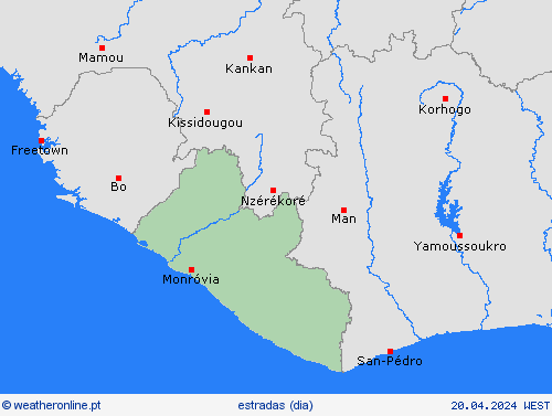 condições meteorológicas na estrada Libéria África mapas de previsão