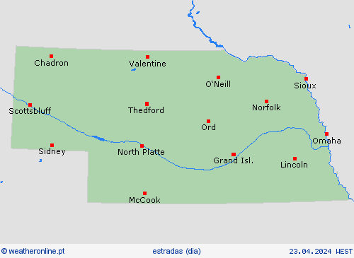 condições meteorológicas na estrada Nebraska América do Norte mapas de previsão