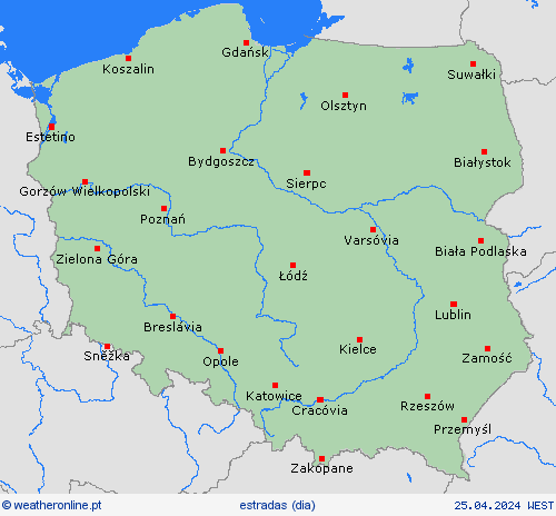 condições meteorológicas na estrada Polónia Europa mapas de previsão