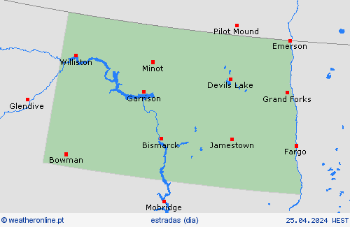 condições meteorológicas na estrada Dakota do Norte América do Norte mapas de previsão
