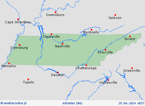 condições meteorológicas na estrada Tennessee América do Norte mapas de previsão