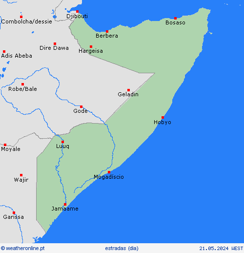 condições meteorológicas na estrada Somália África mapas de previsão