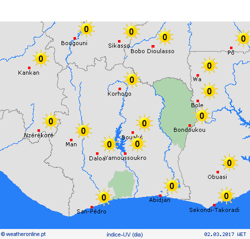 índice-uv Costa do Marfim África mapas de previsão