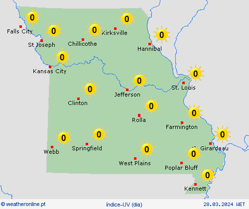índice-uv Missouri América do Norte mapas de previsão