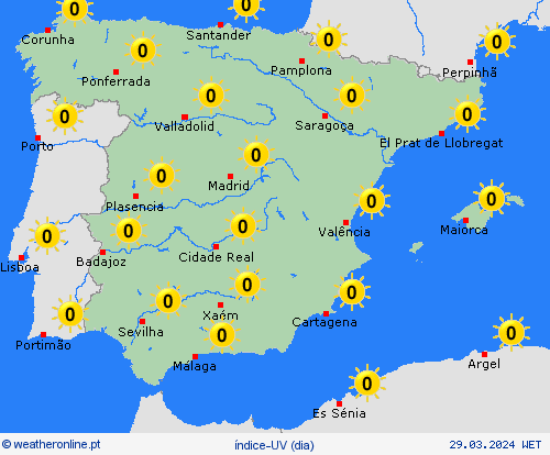 índice-uv Espanha Europa mapas de previsão