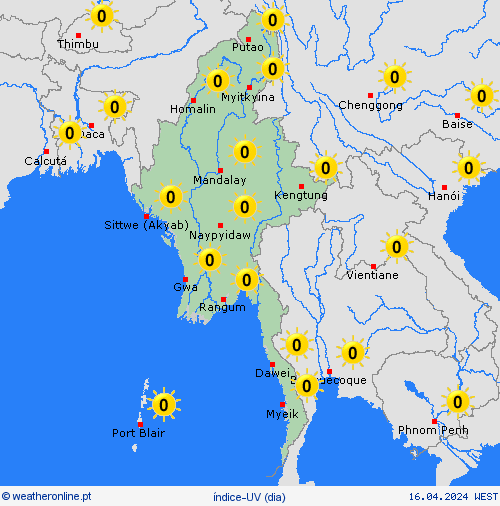 índice-uv Myanmar Ásia mapas de previsão