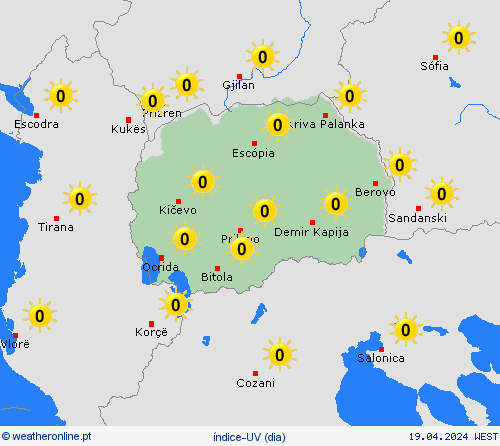 índice-uv Macedónia do Norte Europa mapas de previsão