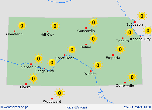 índice-uv Kansas América do Norte mapas de previsão
