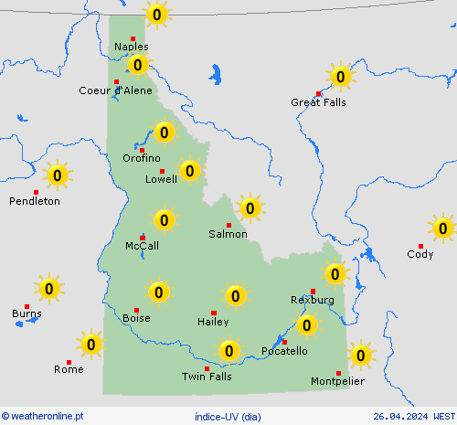 índice-uv Idaho América do Norte mapas de previsão