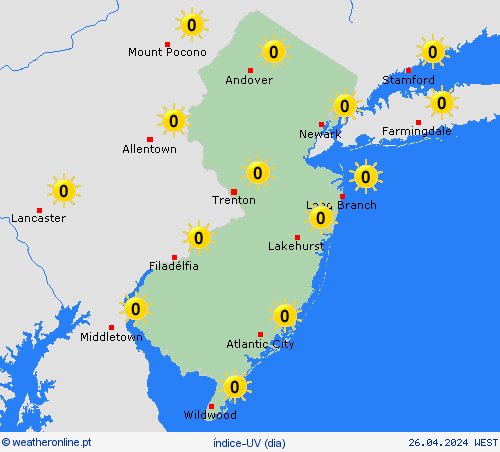 índice-uv Nova Jersey América do Norte mapas de previsão
