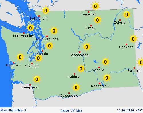 índice-uv Washington América do Norte mapas de previsão