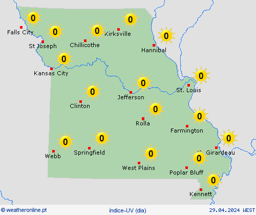 índice-uv Missouri América do Norte mapas de previsão