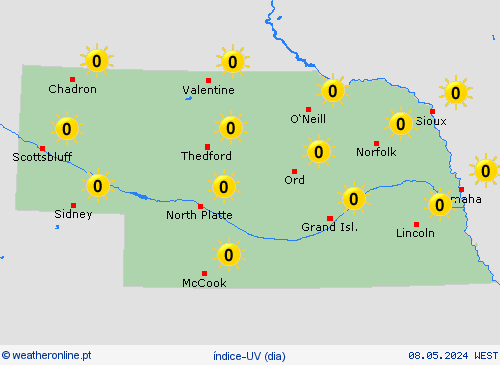índice-uv Nebraska América do Norte mapas de previsão