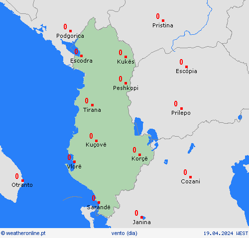 vento Albânia Europa mapas de previsão