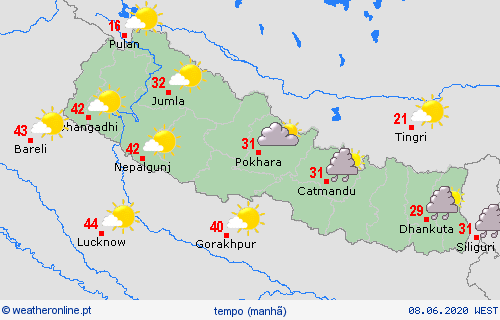visão geral Nepal Ásia mapas de previsão