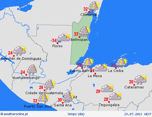 visão geral Belize América Central mapas de previsão