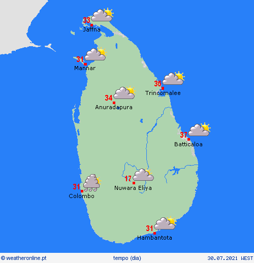 visão geral Sri Lanka Ásia mapas de previsão