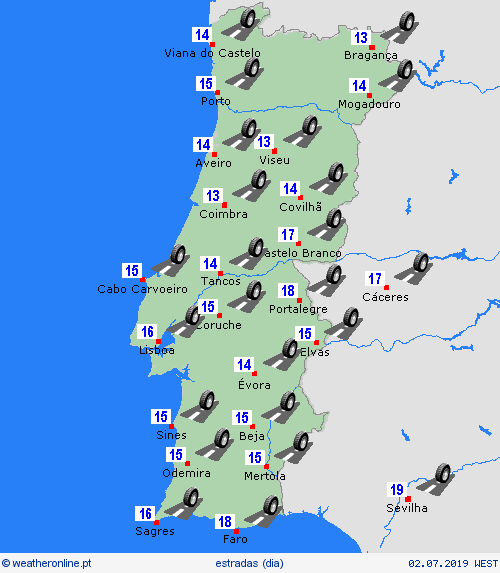 condições meteorológicas na estrada  Portugal mapas de previsão