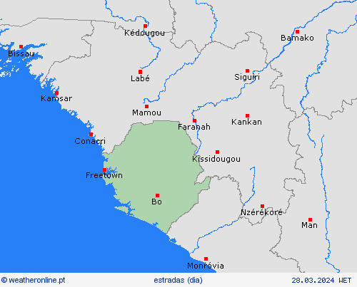 condições meteorológicas na estrada Serra Leoa África mapas de previsão