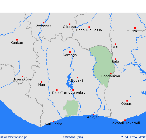 condições meteorológicas na estrada Costa do Marfim África mapas de previsão