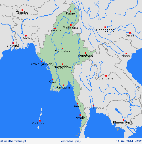 condições meteorológicas na estrada Myanmar Ásia mapas de previsão