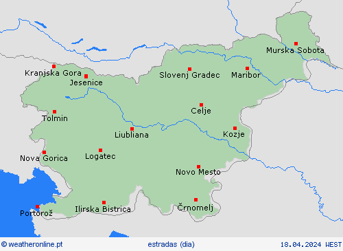condições meteorológicas na estrada Eslovénia Europa mapas de previsão