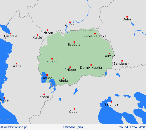 condições meteorológicas na estrada Macedónia do Norte Europa mapas de previsão