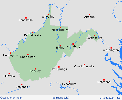 condições meteorológicas na estrada Virgínia Ocidental América do Norte mapas de previsão