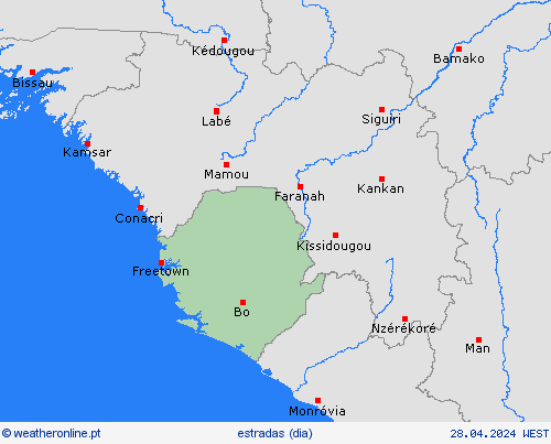 condições meteorológicas na estrada Serra Leoa África mapas de previsão