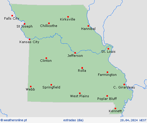 condições meteorológicas na estrada Missouri América do Norte mapas de previsão