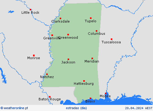 condições meteorológicas na estrada Mississippi América do Norte mapas de previsão