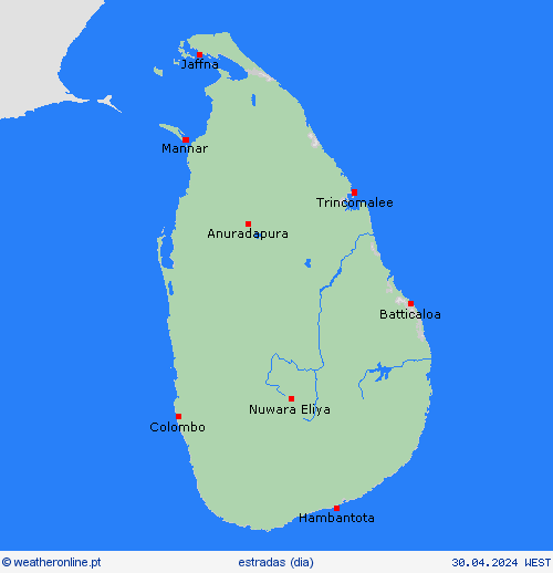 condições meteorológicas na estrada Sri Lanka Ásia mapas de previsão