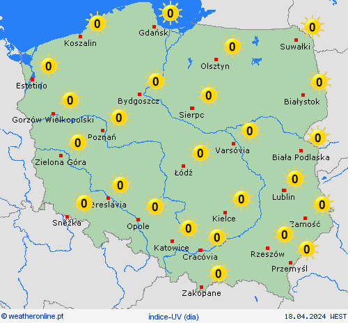 índice-uv Polónia Europa mapas de previsão