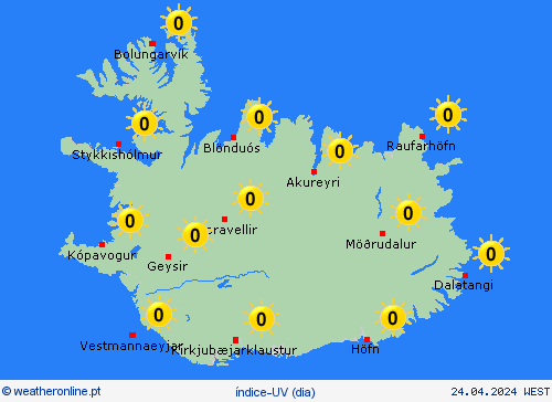 índice-uv Islândia Europa mapas de previsão