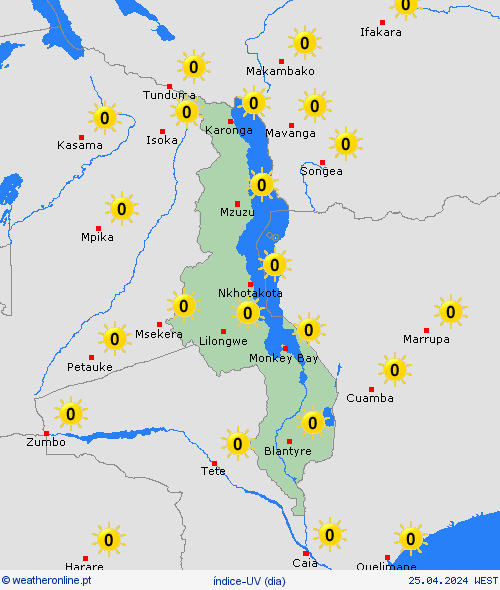 índice-uv Malawi África mapas de previsão