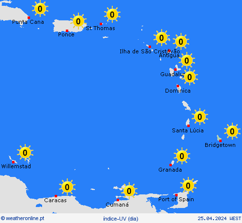 índice-uv Barbados América do Sul mapas de previsão