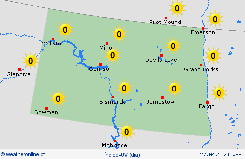índice-uv Dakota do Norte América do Norte mapas de previsão