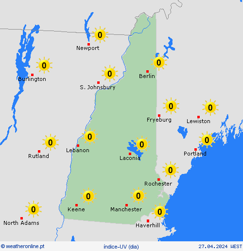 índice-uv Nova Hampshire América do Norte mapas de previsão