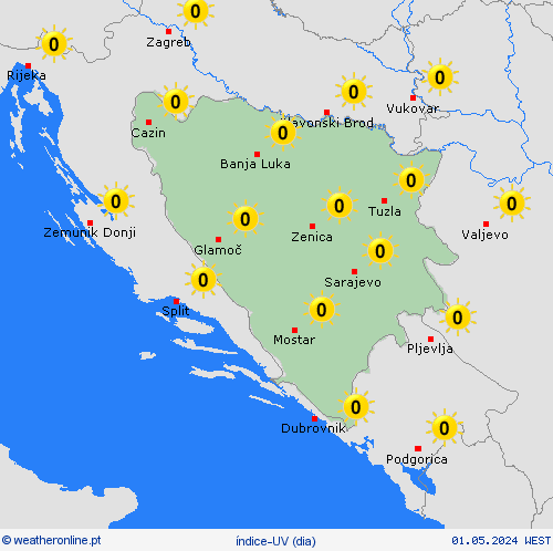 índice-uv Bósnia e Herzegovina Europa mapas de previsão