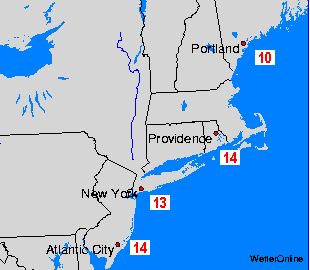 East Coast Mapas da temperatura da água